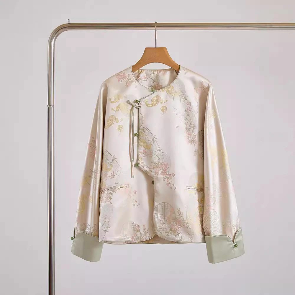 新中式轻国风盘扣提花外套女秋冬复古百搭上衣新中式黄色外套宋锦