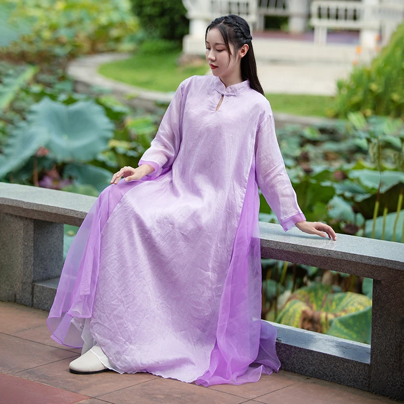 白色夏季复古苎麻禅舞服宽松长款中式立领宽松连衣裙裙子中国风