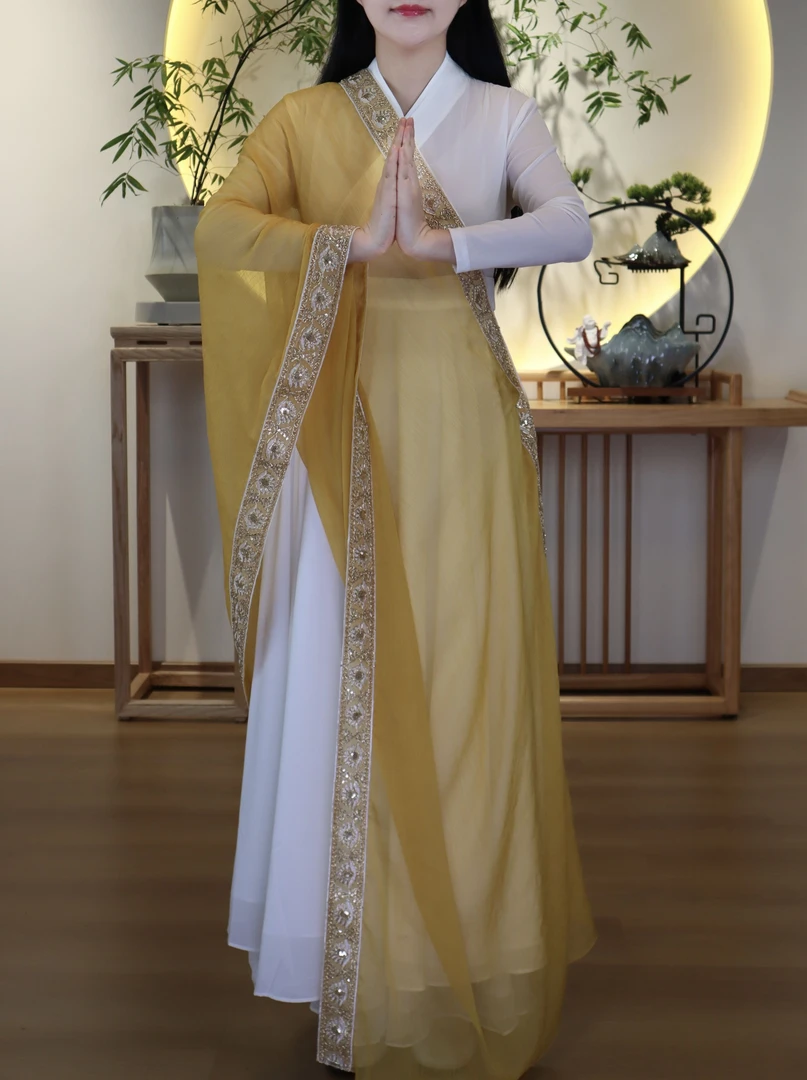 金丝刺绣长款披肩纱巾仙气夏季复古度母纱围巾白色仙女古风飘逸