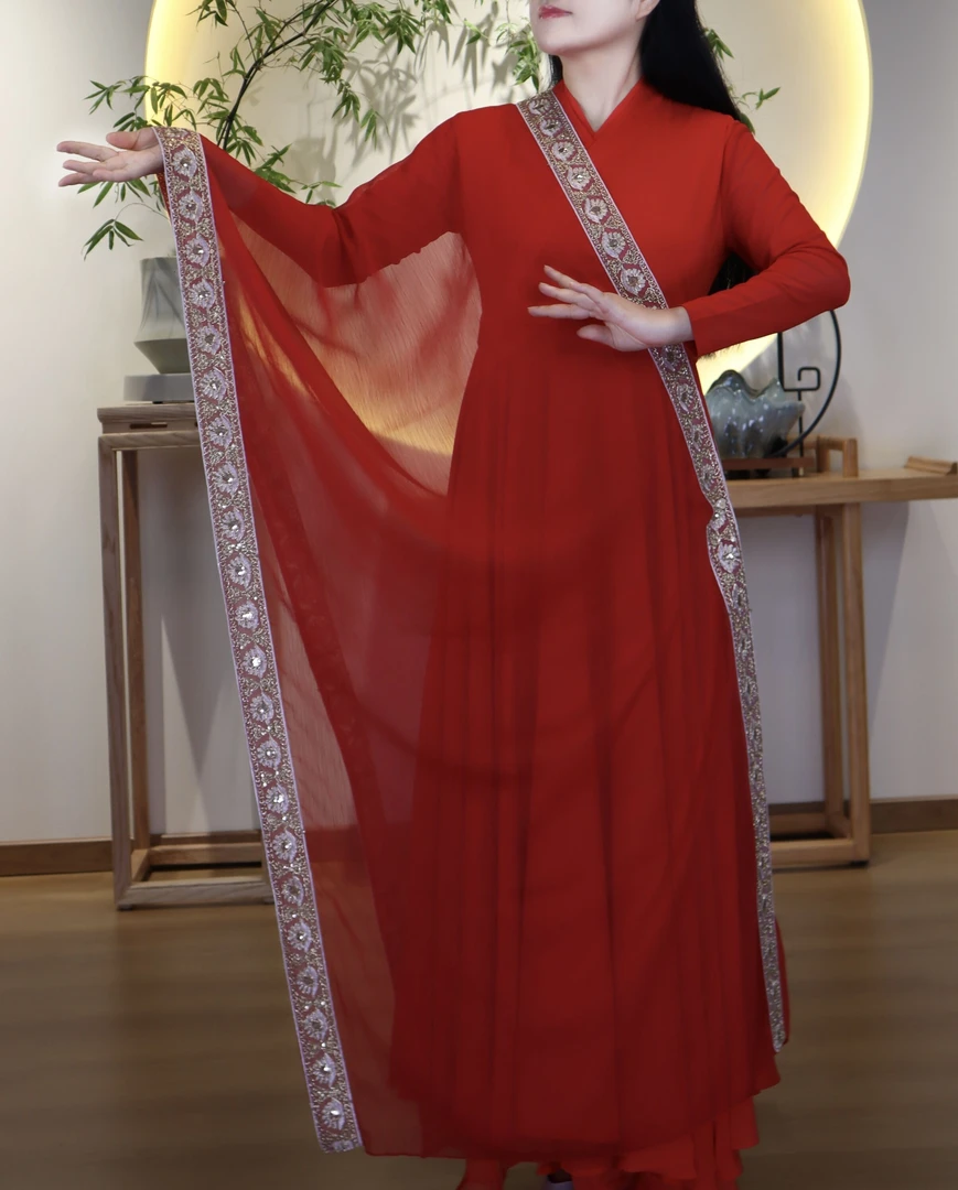 金丝刺绣花边仙气围巾白色仙女禅舞度母纱-禅意长款披肩纱巾红色