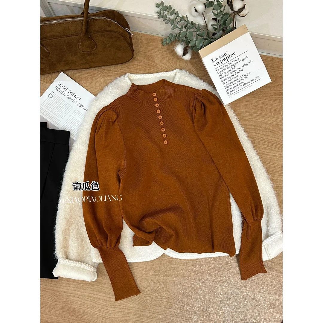 【大眼妹专属】韩版漂亮内搭秋冬半高领纽扣设计感小个子上衣5099#