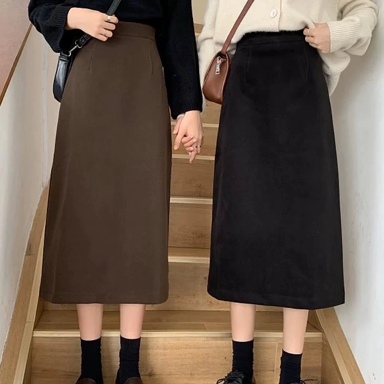 【两个长度】韩版秋新款半身裙双面呢子开叉直筒裙子女2811#0.13 cm
