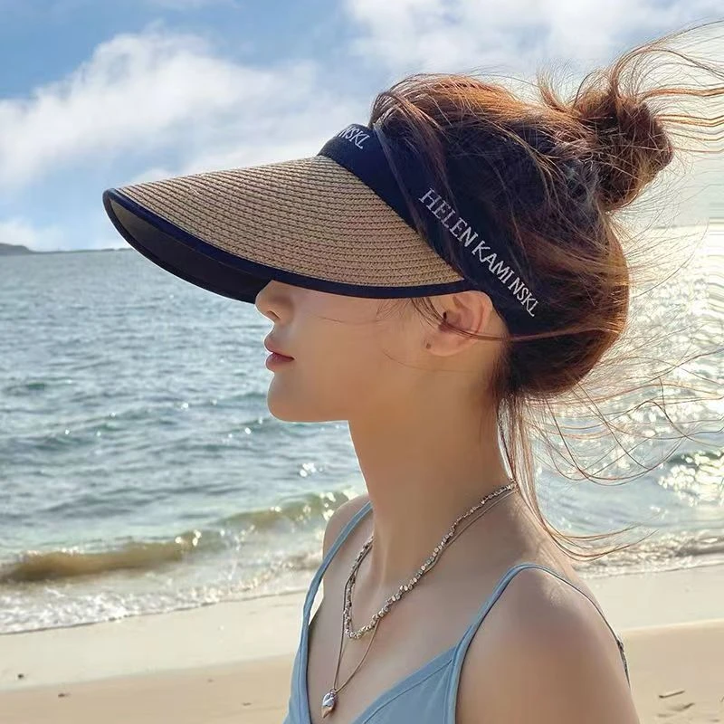 新款12CM檐防晒帽女可折叠防紫外线遮阳草帽夏天骑车空顶太阳帽
