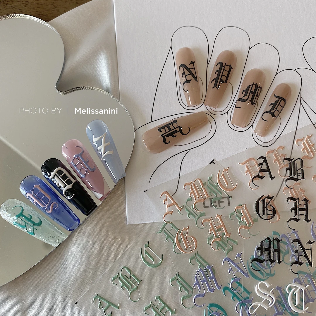 MELISSANINI 加大号罗马字母浮雕黑白|彩色美甲贴纸 辣妹指甲装饰