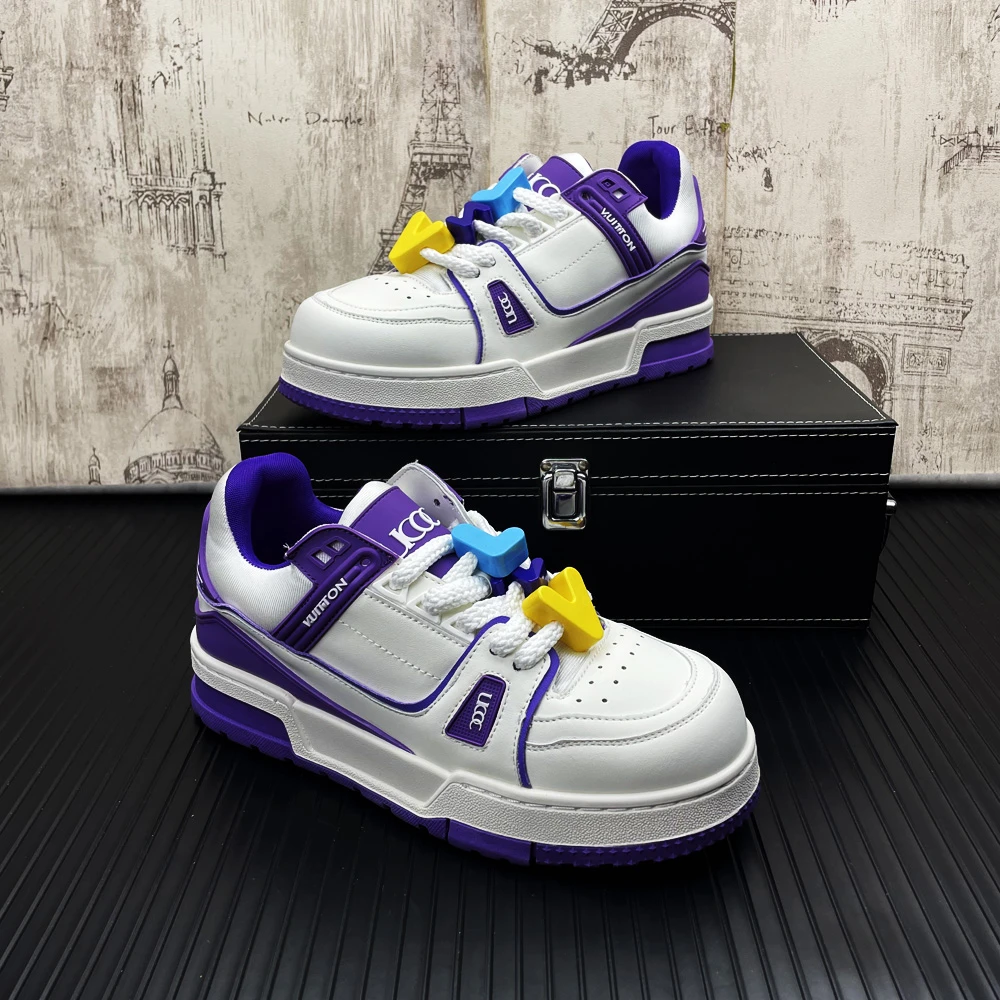 秋季新款男士真皮板鞋时尚百搭低帮透气运动休闲潮鞋学生拼色增高