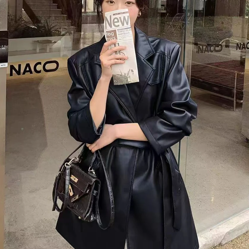 【海宁皮衣】【免费试穿】中长款港风系带女士真皮皮衣2024新款复古