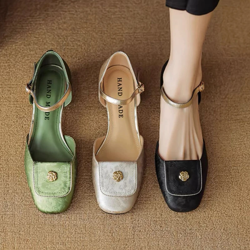 国风复古山茶休闲百搭新中式花小香风中空涼鞋單鞋女7926谢