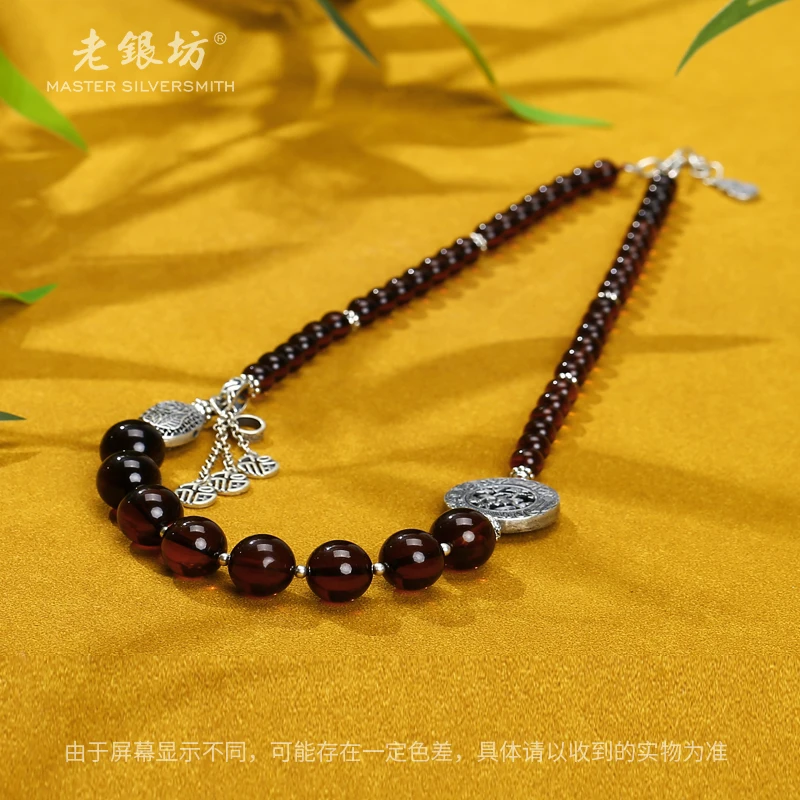 老银坊 s925银琥珀百花三福套链 0022426