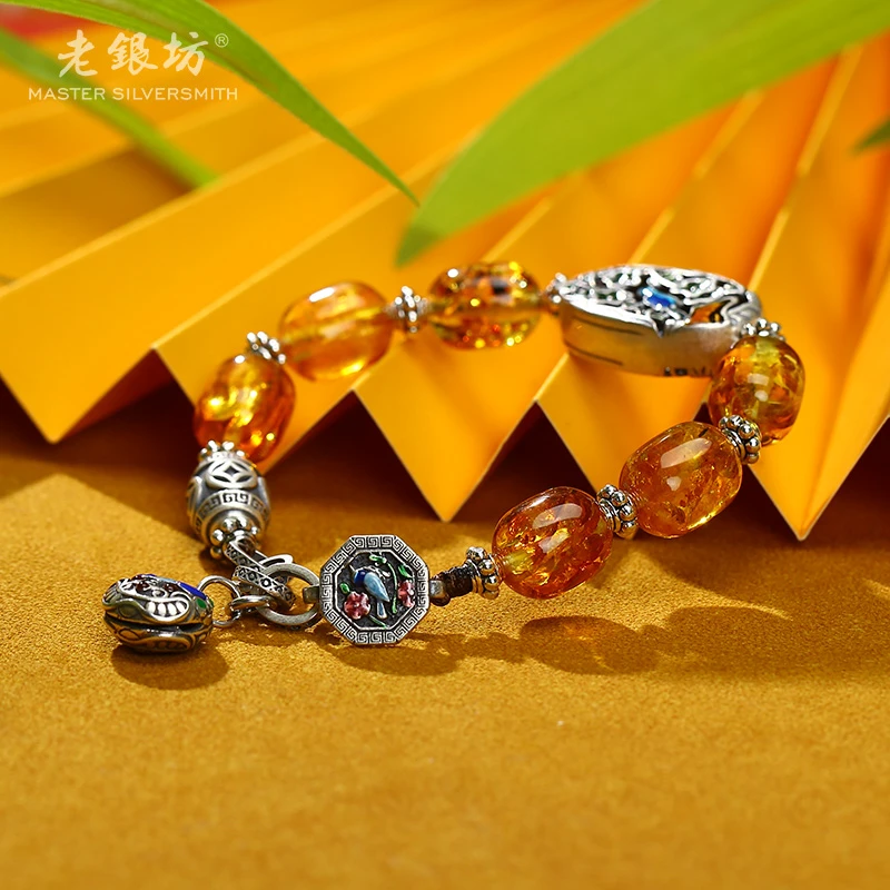 【老银坊】s925银花珀喜鹊登梅手链 0033290