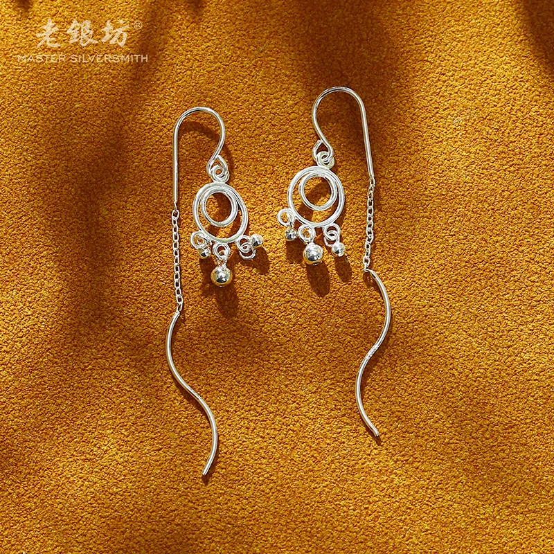 老银坊 925银耳饰 双环珠珠螺旋耳线 0013036