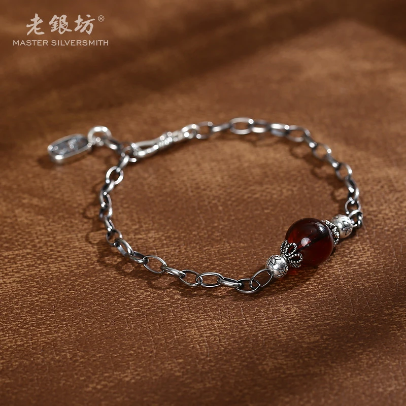 【老银坊】s925银琥珀花珠手链 0033581