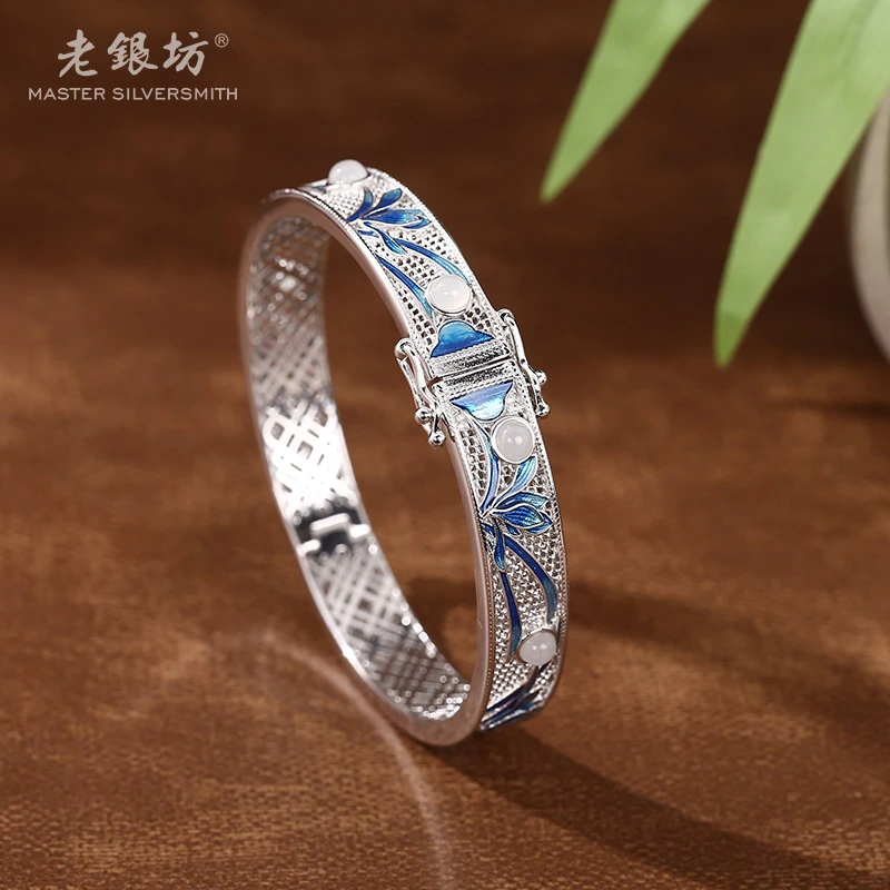 【老银坊】s925银空谷幽兰白玉手镯 0034768