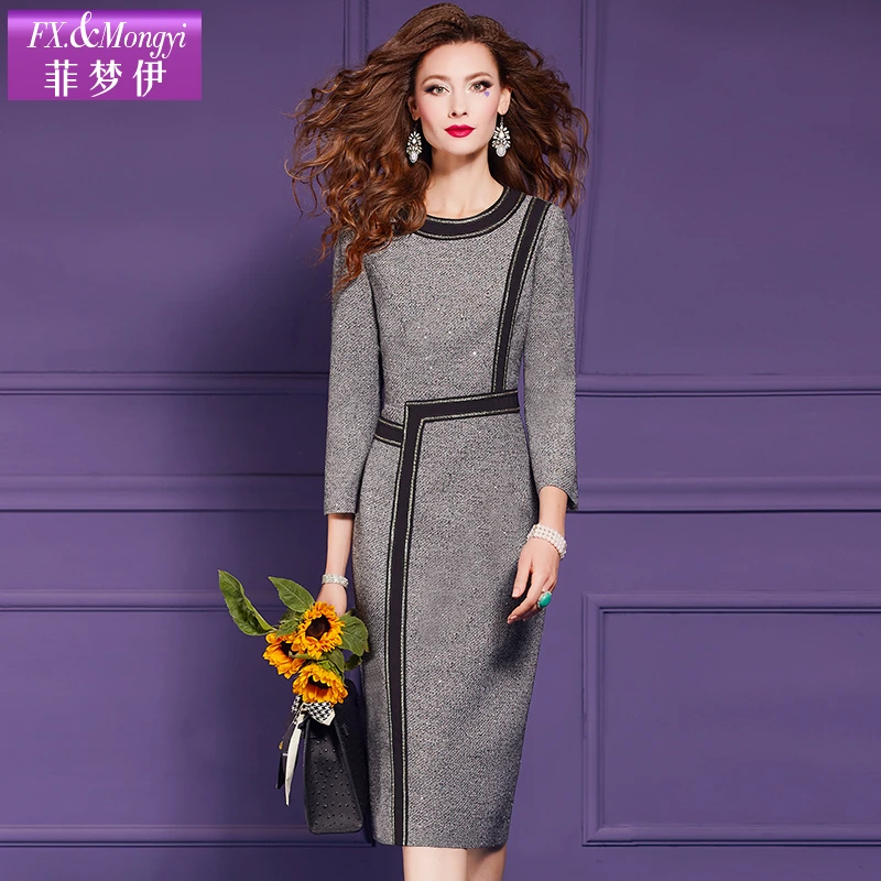 菲梦伊新款时尚设计感修身气质中长款连衣裙59575