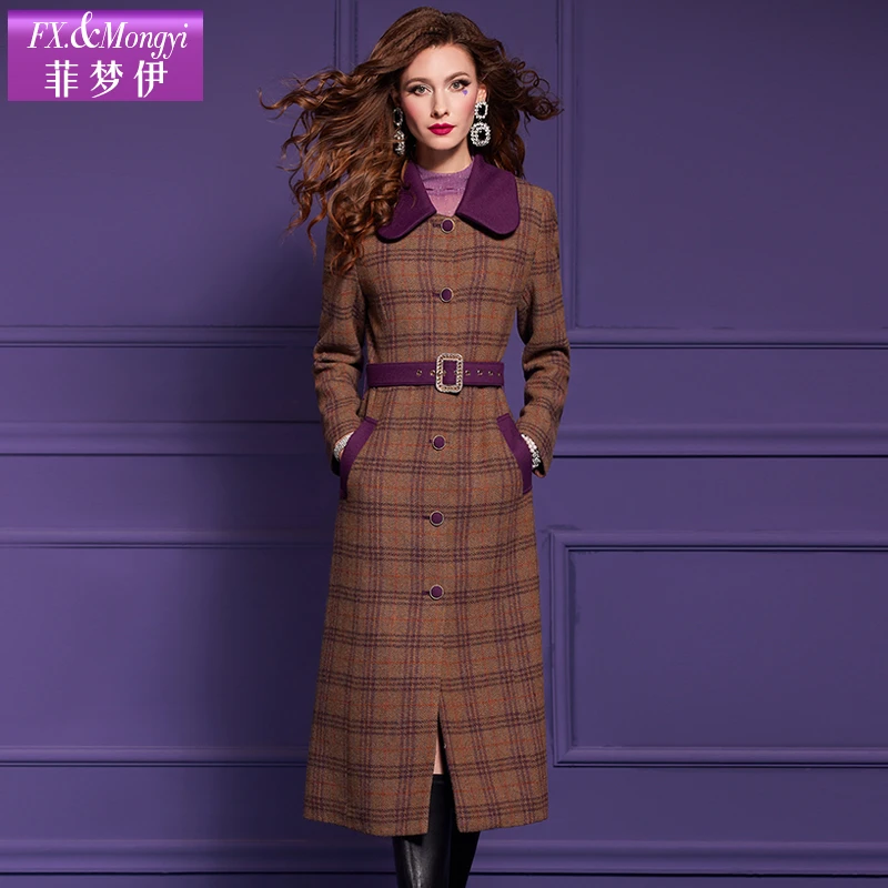 菲梦伊新款绵羊毛大衣时尚格子中长款毛呢外套59515