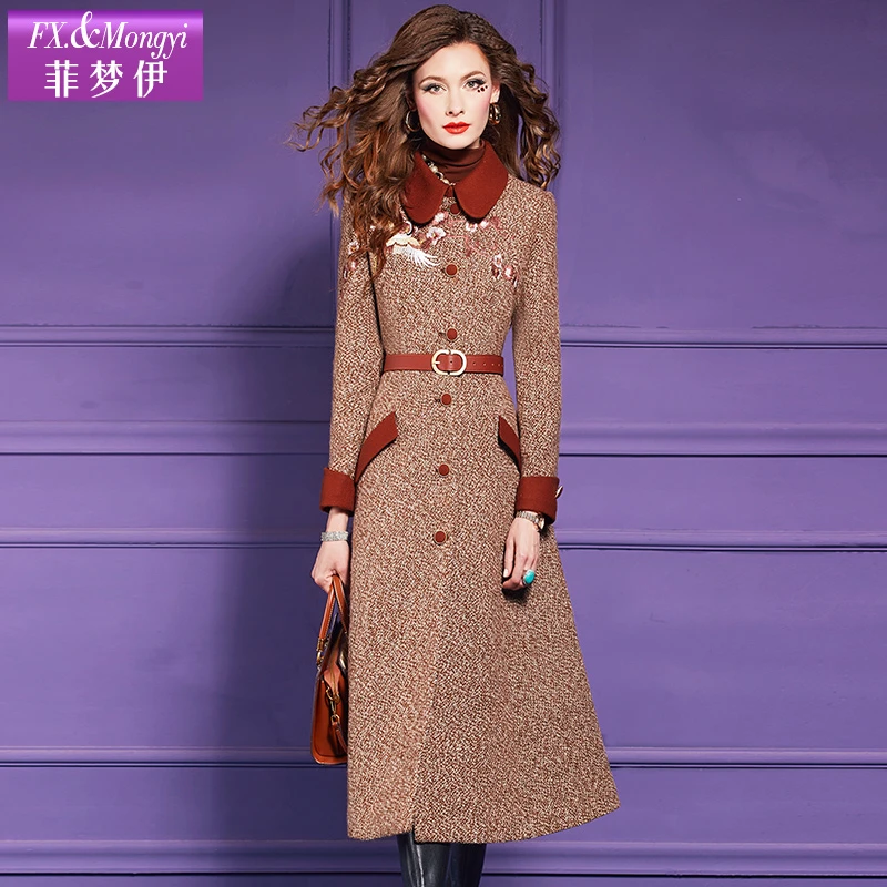 菲梦伊新款绵羊毛大衣时尚绣花气质翻领中长款毛呢外套60602