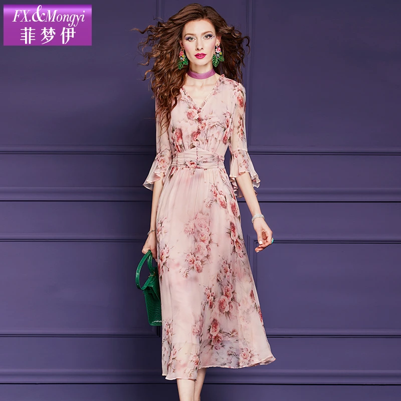 菲梦伊100桑蚕丝碎花连衣裙女喇叭袖夏季高端精致气质真丝裙56743