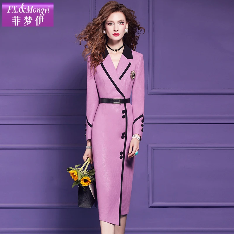 菲梦伊原创新款通勤气质西装领高腰中长款连衣裙59285