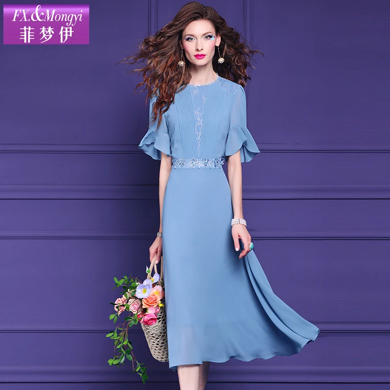菲梦伊新款显瘦气质高贵蓝色轻奢名媛优雅宴会时尚连衣裙58329