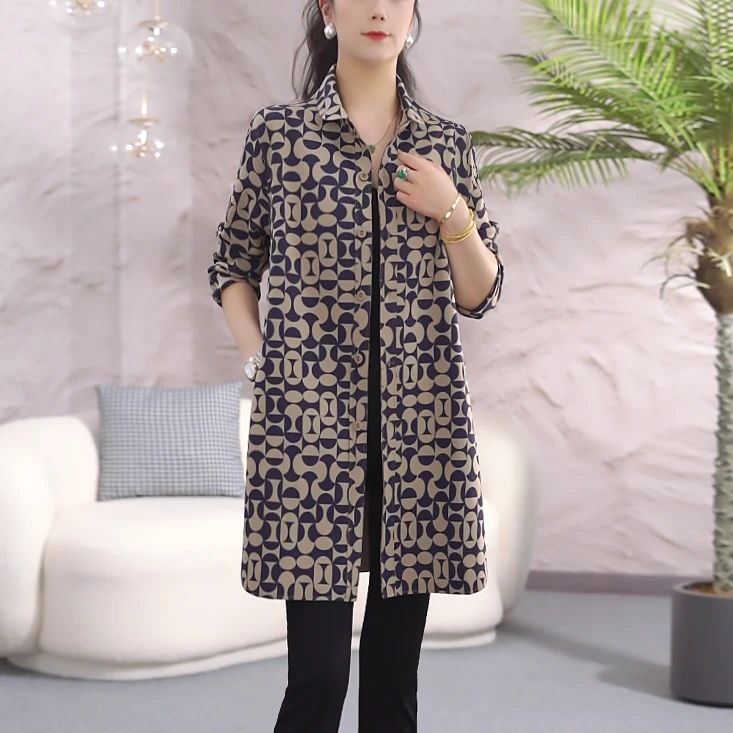 【拼色图纹花】2025春季新款洋气款几何印花宽松显瘦开衫外套中长款