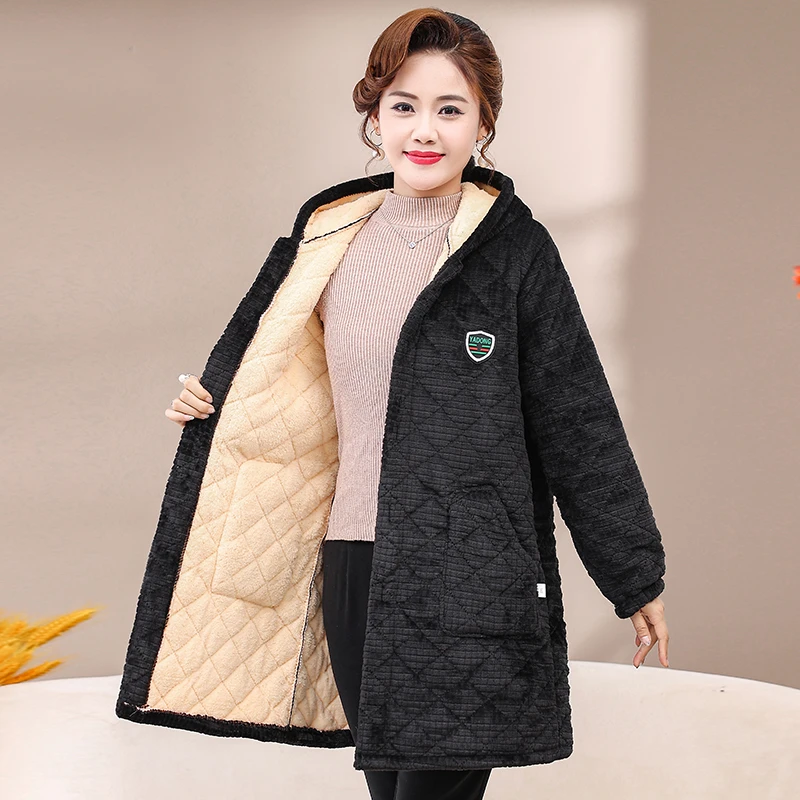 秋冬季外套加绒加厚棉服女中长妈妈装棉袄大衣家居服中年女装连帽