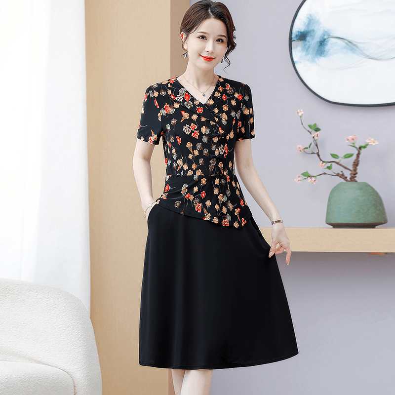 妈妈装假两件连衣裙冰丝洞中长款夏季拼接大码时尚中老年女装裙子