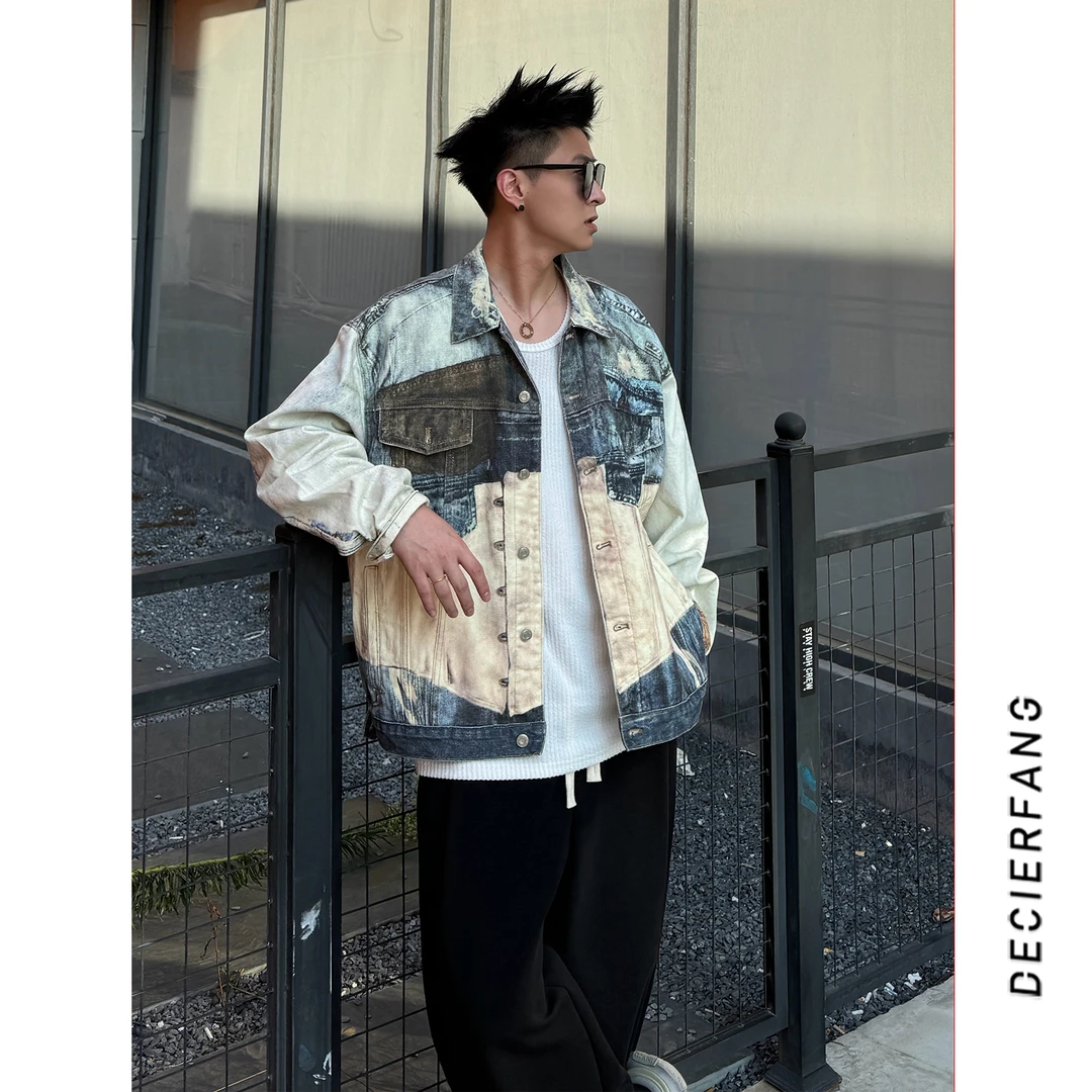 港风复古做旧polo领拼色牛仔外套女秋季设计感宽松百搭夹克上衣潮