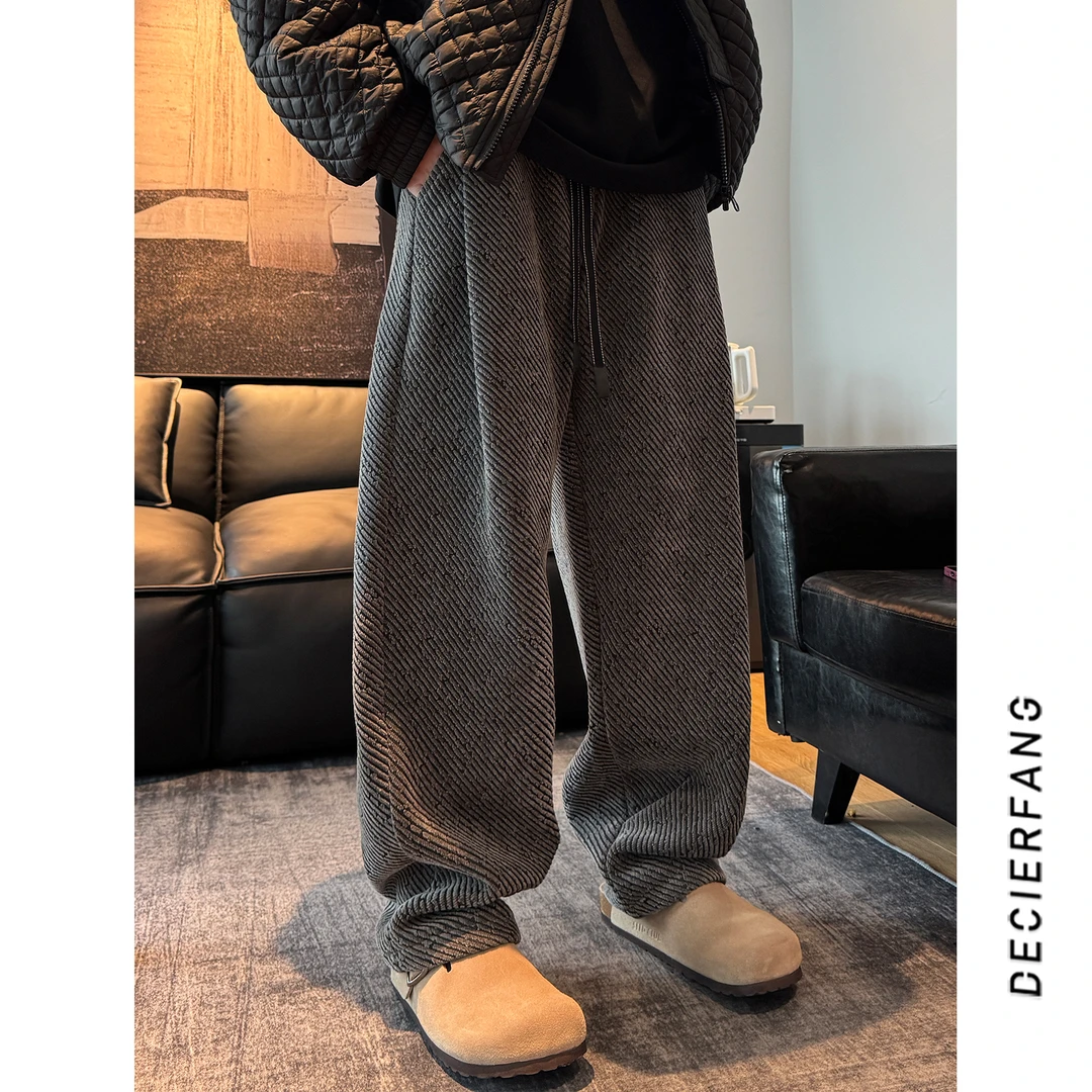 斜条纹慵懒风休闲裤子男秋冬季新款休闲直筒宽松拖地加绒阔腿裤