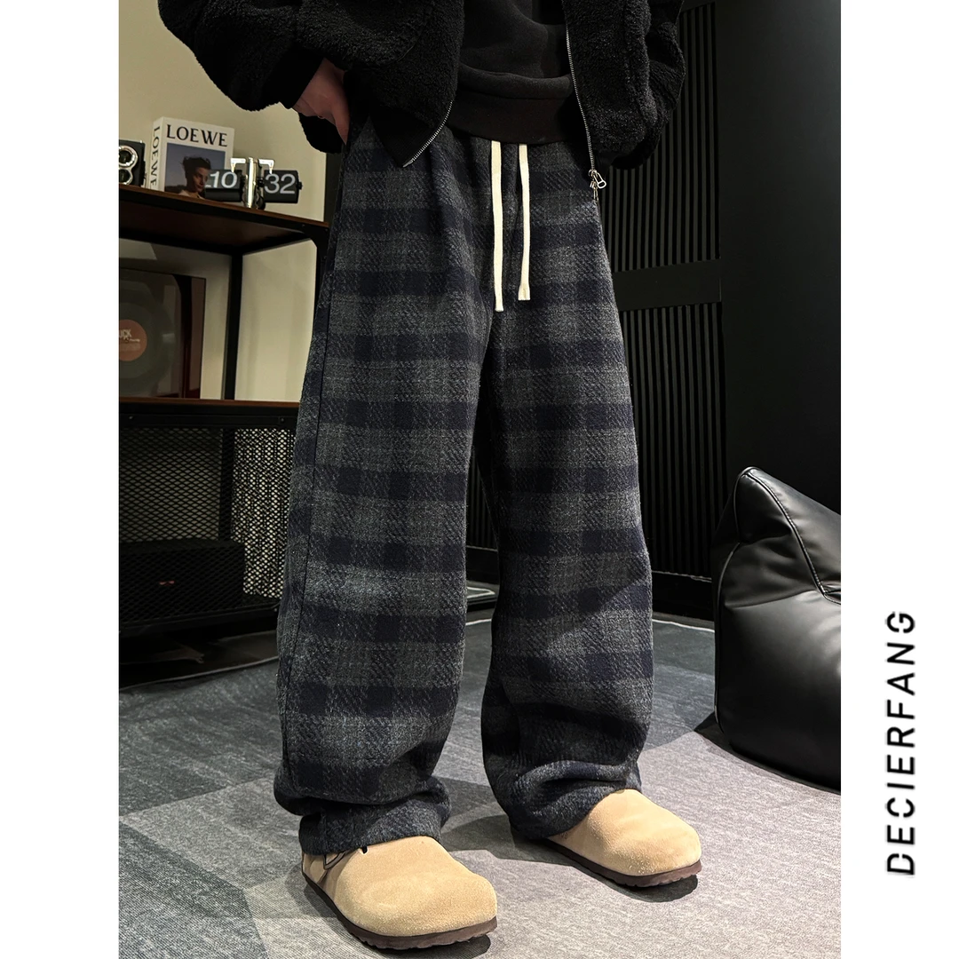 棋盘格加绒休闲裤男女同款冬季慵懒风宽松阔腿休闲长裤