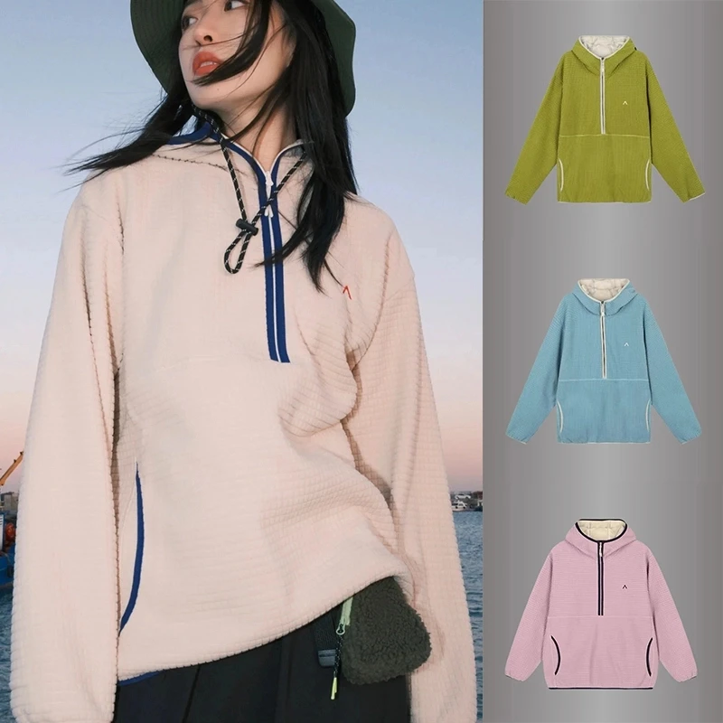 户外情侣抓绒连帽卫衣保暖肌理格纹复合加绒套头上衣男女同款