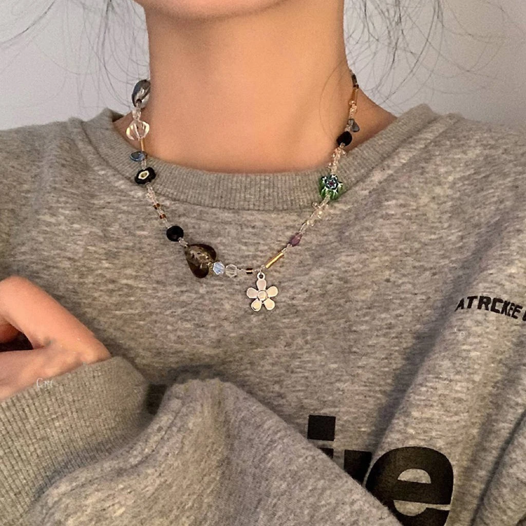 不锈钢仿珍珠项链 不规则串珠项链女小众设计高级感轻奢花朵锁骨