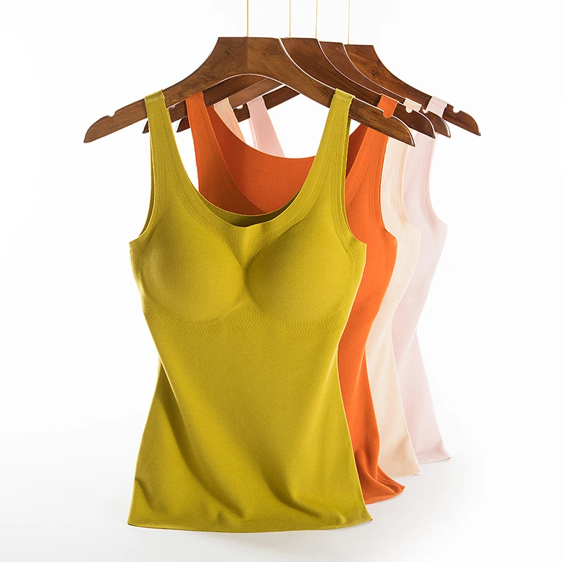 无痕保暖背心女带胸垫V领德绒自发热打底上衣加绒加厚紧身内衣冬