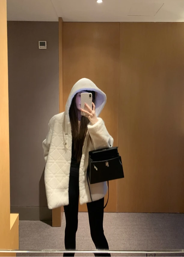 人造皮草 obaa 秋冬连帽菱格仿皮草百搭宽松中长外套