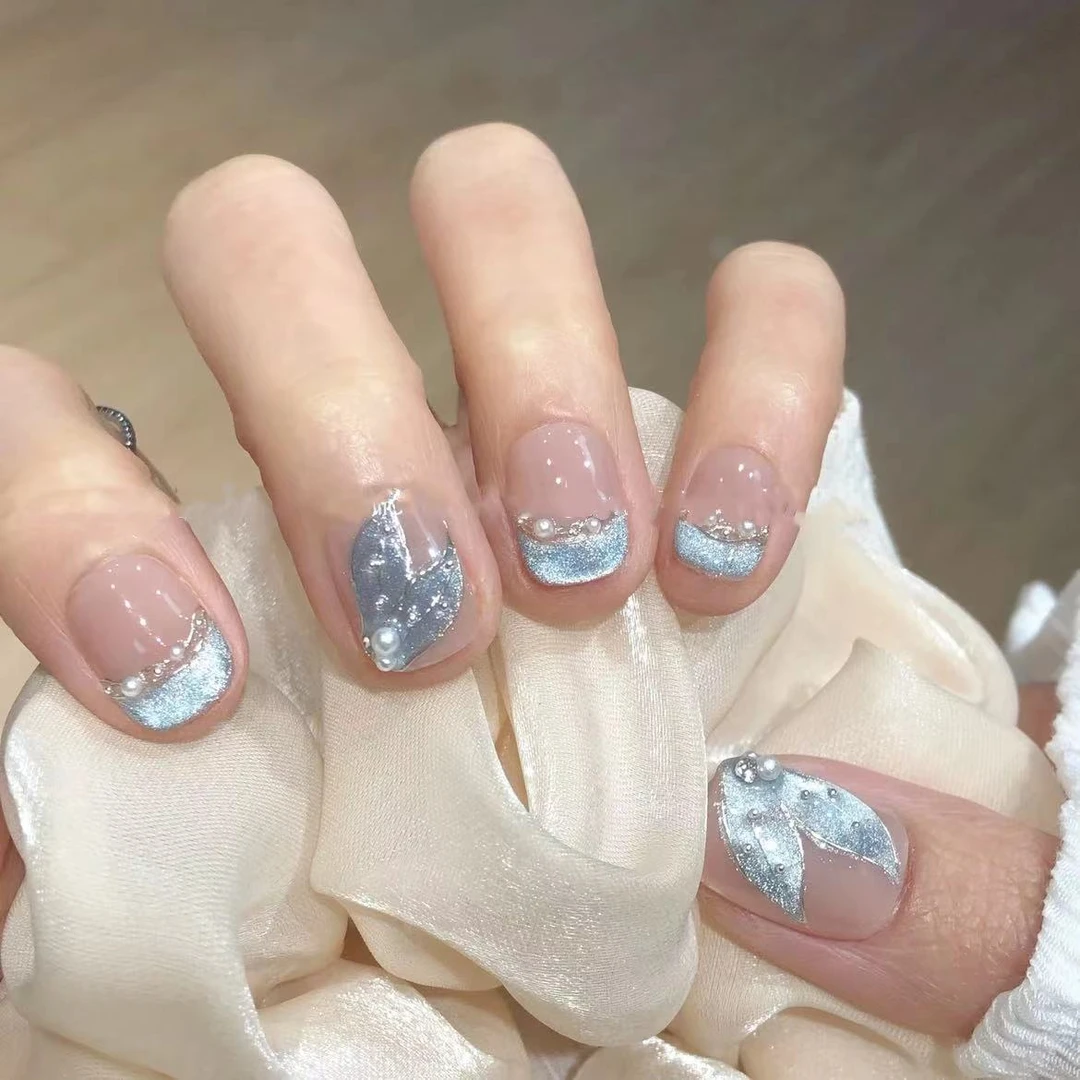 纯手工光疗穿戴甲蓝鱼尾成品重复使用美甲贴片可拆卸猫