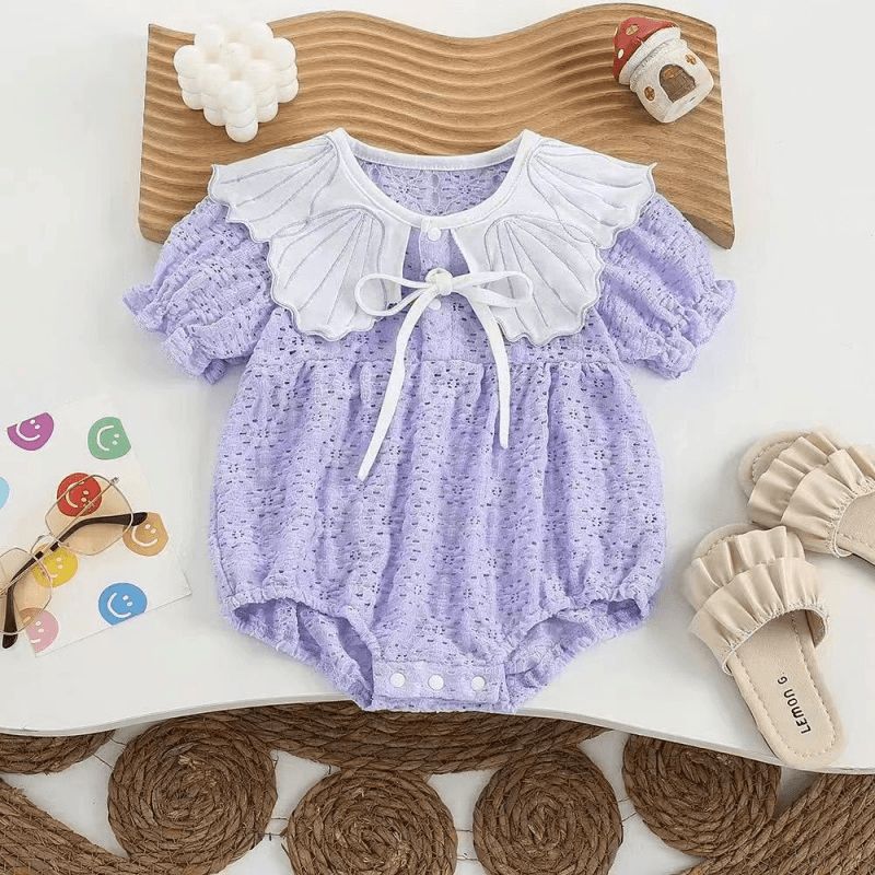夏款宝宝衣服新款紫罗兰贝壳领女宝宝薄款夏天镂空半袖包屁衣
