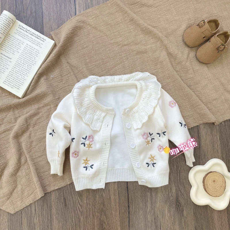 女童毛衣开衫洋气绣花荷叶领针织刺绣花朵娃娃领加绒外套