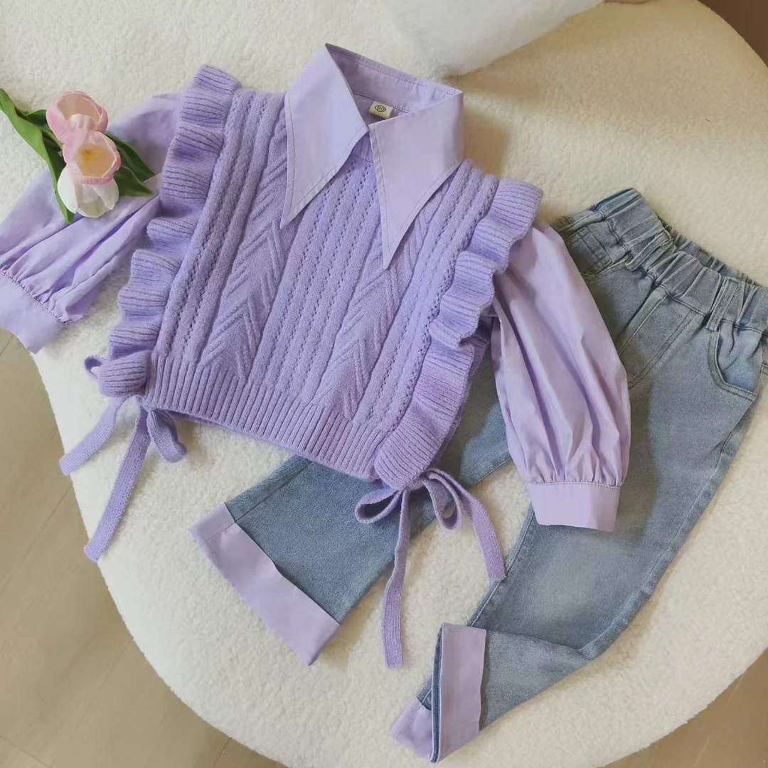 女童春秋款套装2024新款儿童装洋气中童毛线马甲衬衫牛仔裤套装