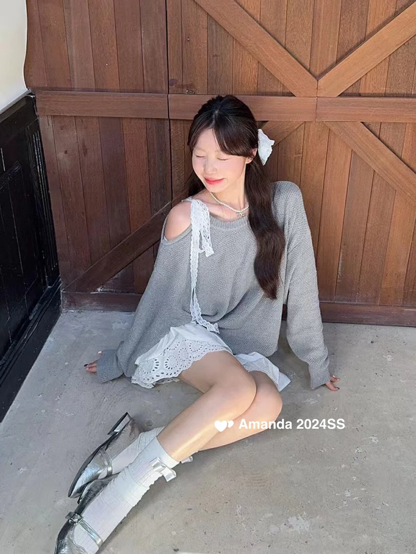 小个子芭蕾风拼接露肩纯欲绑带假两件中长款毛衣连衣裙女