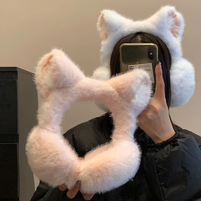 可爱猫耳朵粉色毛绒耳罩女2024年秋冬季毛茸茸耳套加厚保暖耳捂子