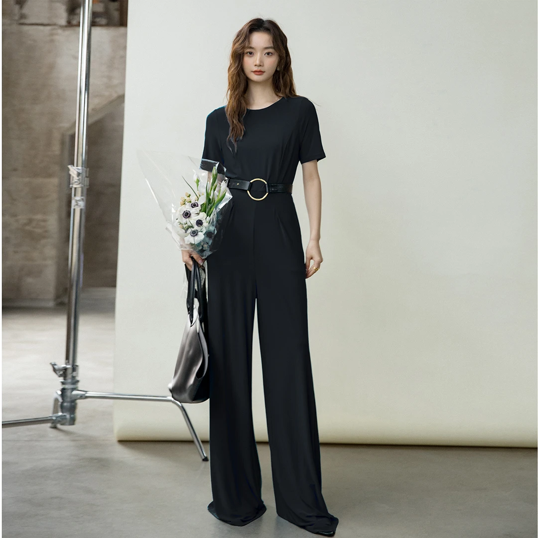 黑色垂感显瘦女装连体裤夏时尚休闲简约弹力加长免熨烫阔腿裤694