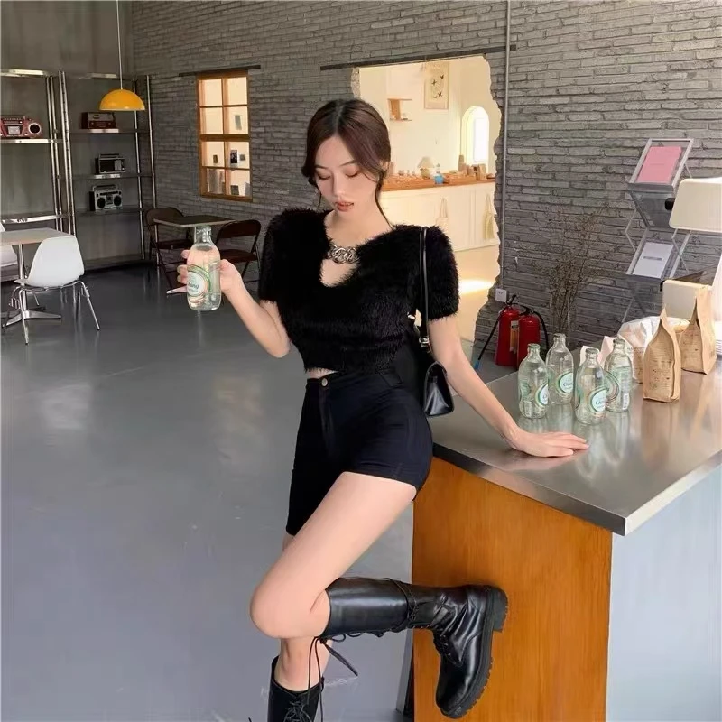 2798 黑色设计链条短款短袖百搭毛针织衫 W19