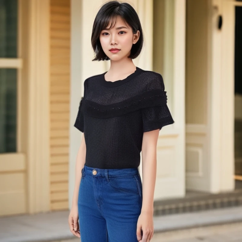 28602 黑色设计感气质百搭上衣T恤 E35-3