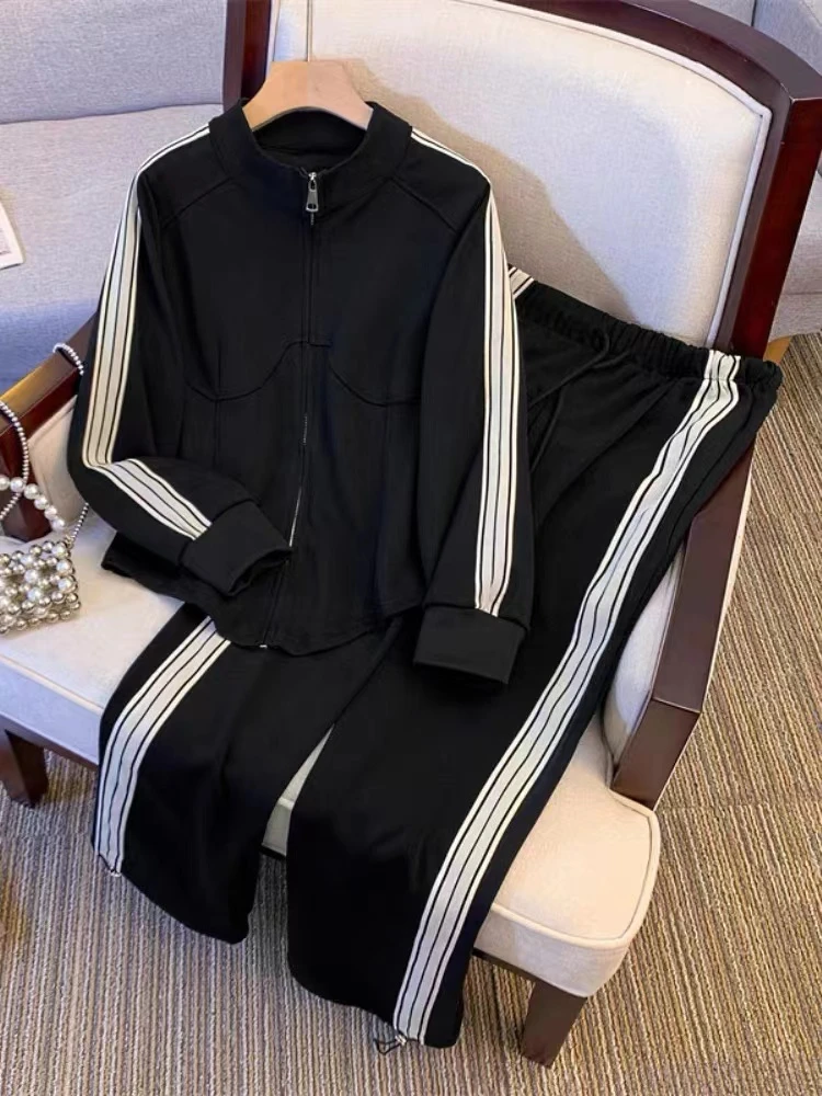 6023 黑色拼接白色条纹休闲运动时尚套装 K19