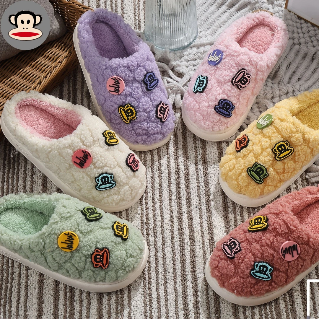 女款毛绒字母卡通棉拖鞋网红情侣居家厚底防滑保暖大嘴猴棉拖鞋