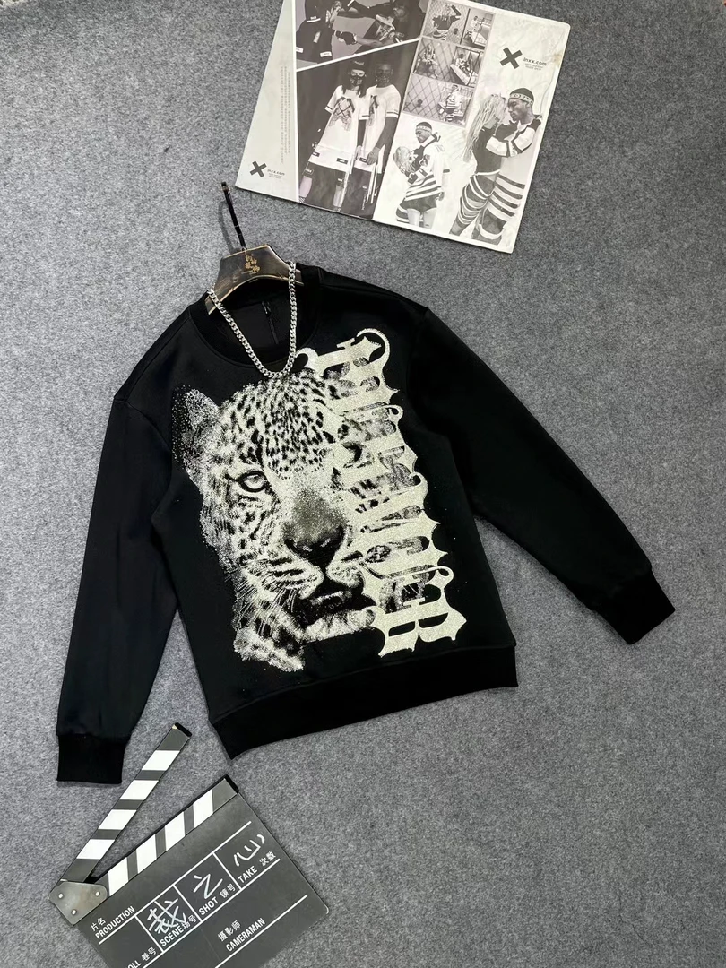 潮流秋季新款豹子卫衣黑色潮牌秋冬烫钻卫衣时尚百搭潮男卫衣套装