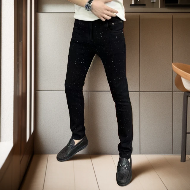 潮牌重工烫钻满天星男牛仔裤子修身弹力时尚百搭重工牛仔纯色男士