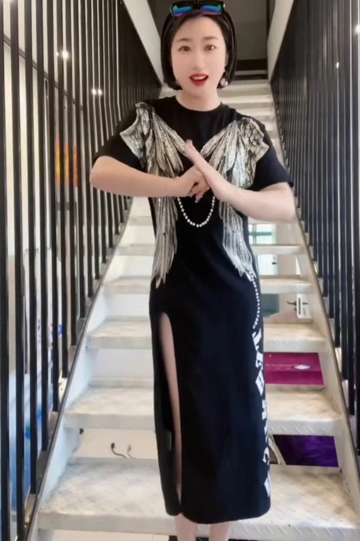 重工潮牌烫钻长裙黑色显瘦气质开叉轻奢长裙性感夏季中长款旗袍