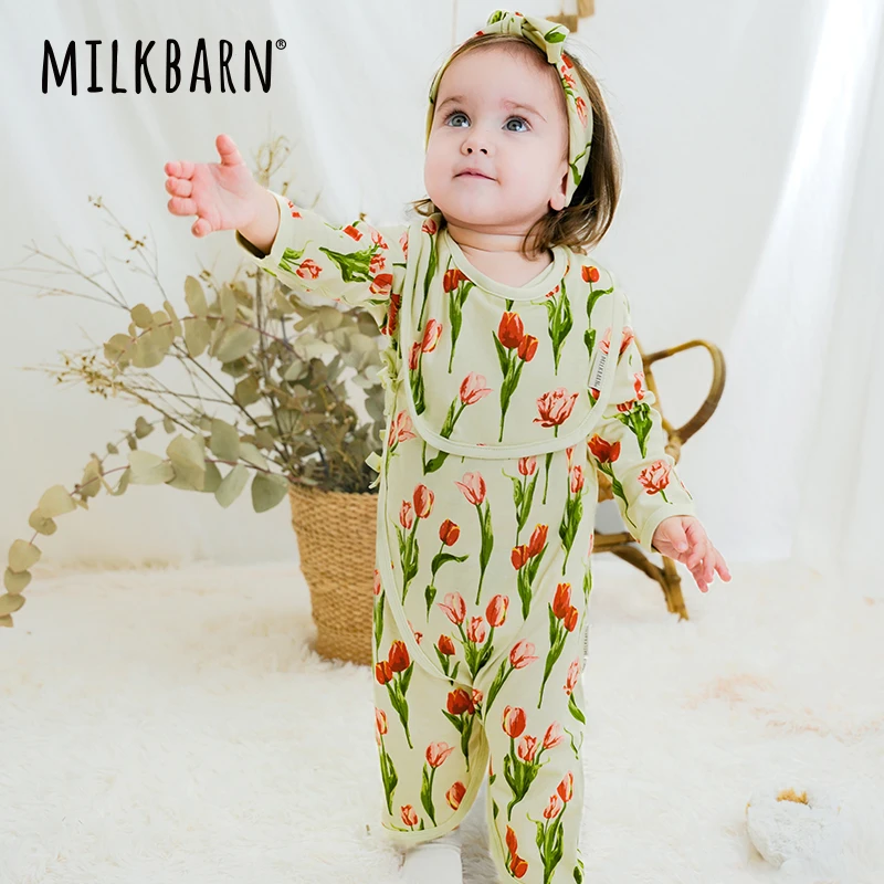 Milkbarn2024秋冬新品新生婴儿蝴蝶衣宝宝哈衣连体爬爬服纯棉衣服
