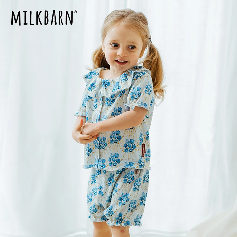 Milkbarn春夏儿童短袖衬衫套装女宝宝外出开扣上衣五分裤