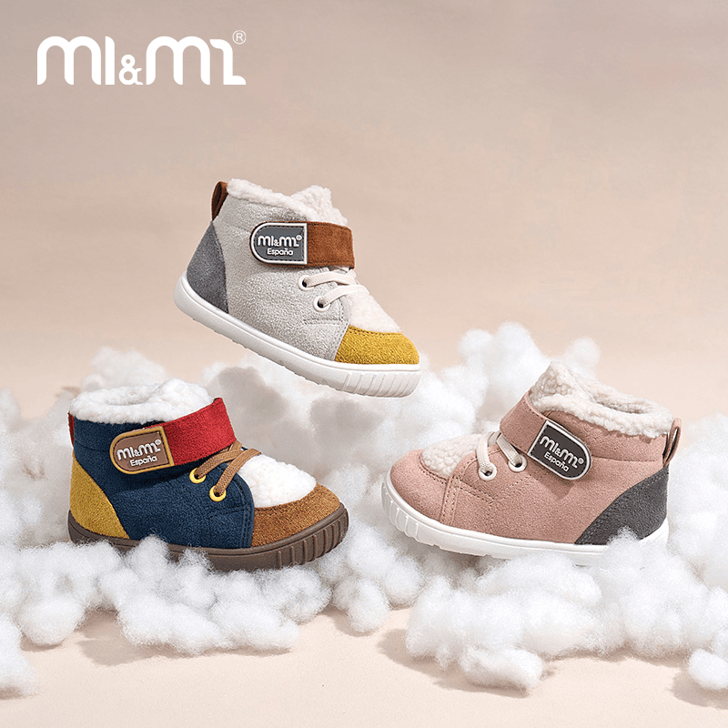 M1&M2咩咩羊短靴冬季男童女童蓄温保暖舒适柔软羊羔绒拼色短靴