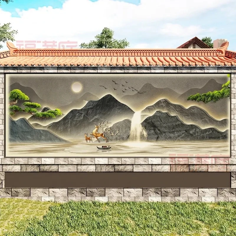 别墅新中式抽象水墨山水壁画迎门墙影壁墙照壁瓷砖背景墙高温岩板